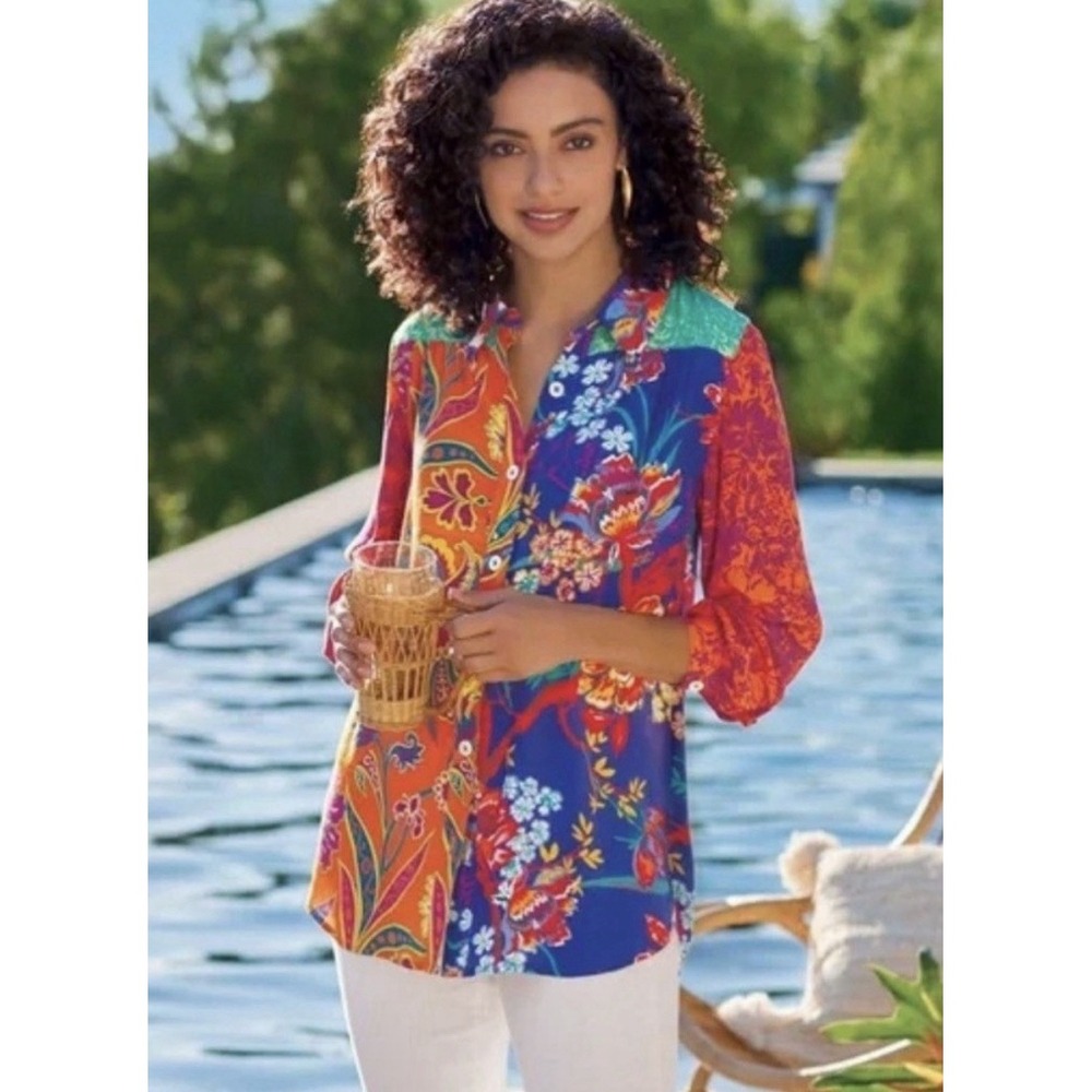 Soft Surroundings Hermosa Floral Embroidered Tunic Top Blouse Long Sleeve Size L
